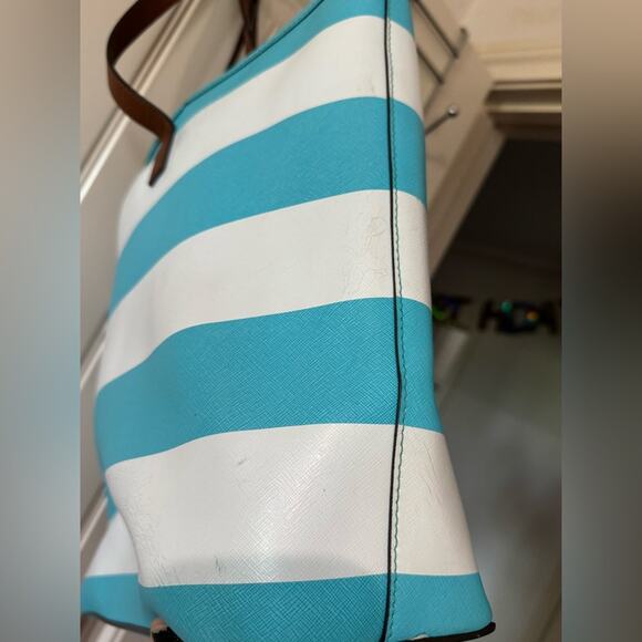 MICHAEL KORS 🩵 Blue & White Striped Shoulder Canvas Tote, Gold Logo - Picture 6 of 15